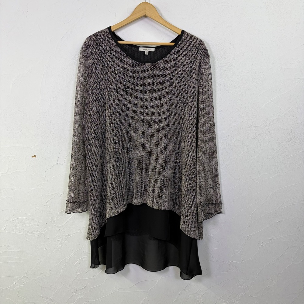 Jess Jane Tunic Top Womens 2X Black Silver Sequin Layered Mesh Knit Party